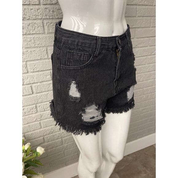 SHEIN Black Distressed Raw Hem Denim Shorts Size S - Picture 4 of 8